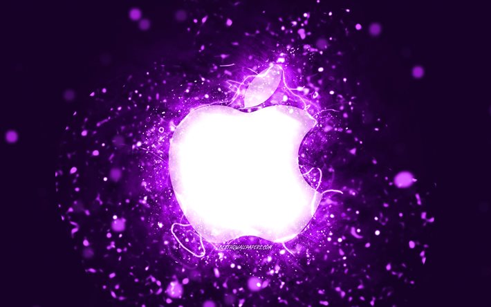Apple violett logotyp, 4k, violett neonljus, kreativt, violett abstrakt bakgrund, Apple-logotyp, varum&#228;rken, Apple