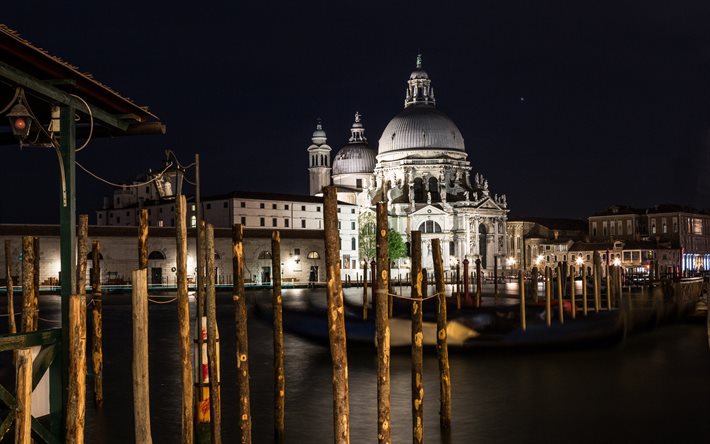 Santa Maria della Salute, Roman Catholic church, Venice, night, cove, Venice Landmark, Italy