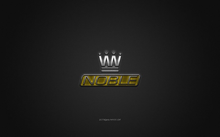 Noble logo, silver logo, gray carbon fiber background, Noble metal emblem, Noble, cars brands, creative art