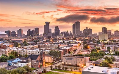 New Orleans, kv&#228;ll, solnedg&#229;ng, skyskrapor, New Orleans stadsbild, New Orleans horisont, Louisiana, USA