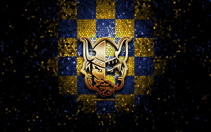 Mikkelin Jukurit, glitterlogotyp, Liiga, bl&#229; gul rutig bakgrund, hockey, finska hockeylaget, Mikkelin Jukurit-logotyp, mosaikkonst, finska hockeyliga