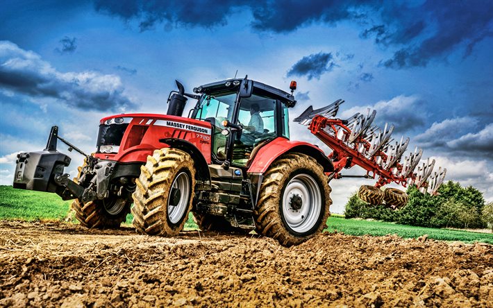 Massey Ferguson 7720, plowing field, HDR, 2021 tractors, agricultural machinery, red tractor, agriculture, Massey Ferguson