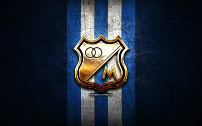 Millonarios FC, logo dorato, Categoria Primera A, sfondo di metallo blu, calcio, squadra di calcio colombiana, logo Millonarios, Millonarios SA