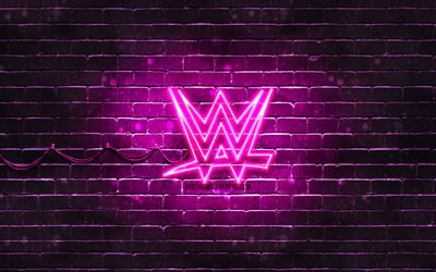 WWE purple logo, 4k, purple brickwall, World Wrestling Entertainment, WWE logo, brands, WWE neon logo, WWE