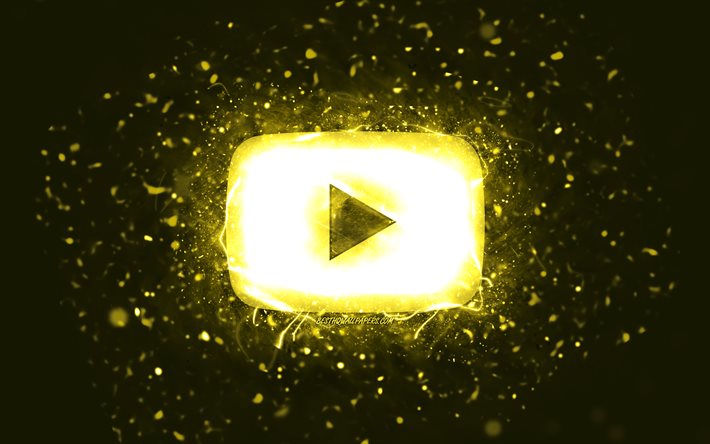 Youtube sarı logo, 4k, sarı neon ışıklar, sosyal ağ, yaratıcı, sarı soyut arka plan, Youtube logosu, Youtube