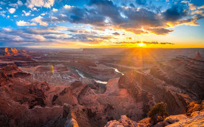 4k, Grand Canyon, HDR, coucher de soleil, d&#233;sert, Arizona, belle nature, &#201;tats-Unis, Am&#233;rique, canyon, monuments am&#233;ricains, paysages urbains d&#39;horizon