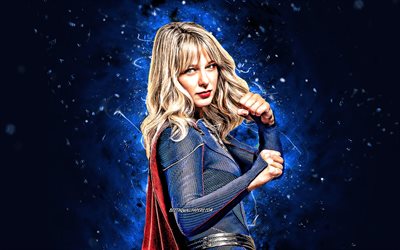 Supergirl, 4k, blue neon lights, superheroes, DC Comics, Melissa Benoist, Supergirl 4K