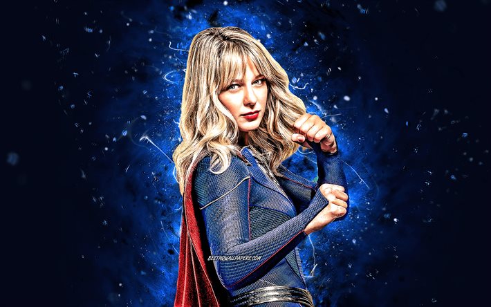 Supergirl, 4k, n&#233;ons bleus, super-h&#233;ros, DC Comics, Melissa Benoist, Supergirl 4K