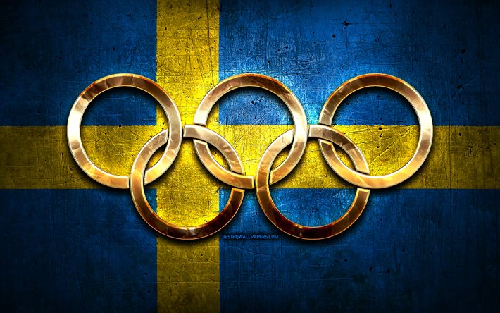 Sele&#231;&#227;o Ol&#237;mpica Sueca, an&#233;is ol&#237;mpicos de ouro, Su&#233;cia nos Jogos Ol&#237;mpicos, criativa, bandeira sueca, fundo de metal, Sele&#231;&#227;o Ol&#237;mpica da Su&#233;cia, bandeira da Su&#233;cia