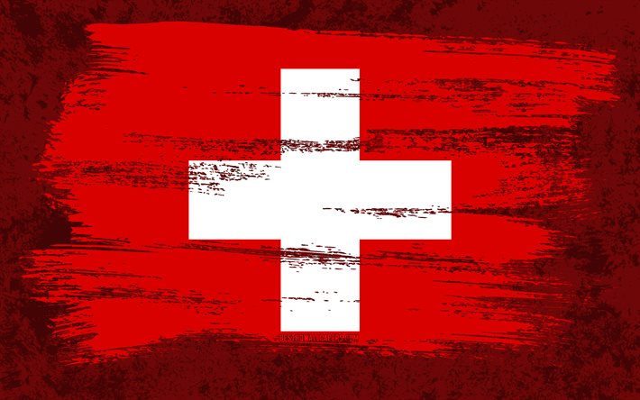 4k, Flag of Switzerland, grunge flags, European countries, national symbols, brush stroke, Swiss flag, grunge art, Switzerland flag, Europe, Switzerland