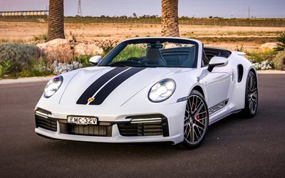 Porsche 911 Turbo Cabriolet, supercars, voitures 2021, 992, cabriolet blanc, Porsche 911 Turbo 2021, Porsche