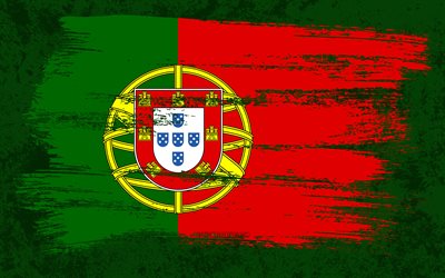 4k, Flag of Portugal, grunge flags, European countries, national symbols, brush stroke, Portuguese flag, grunge art, Portugal flag, Europe, Portugal