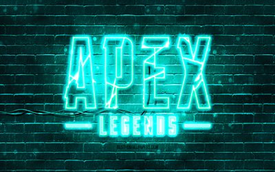 Emblema turchese Apex Legends, 4k, muro di mattoni turchese, emblema Apex Legends, marchi di giochi, emblema al neon Apex Legends, Apex Legends