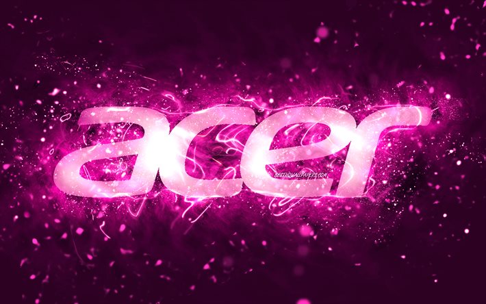 Acer violetti logo, 4k, violetti neonvalot, luova, violetti abstrakti tausta, Acer logo, tuotemerkit, Acer