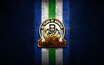swift current broncos, goldenes logo, whl, blue metal background, canadian hockey team, swift current broncos logo, hockey, canada