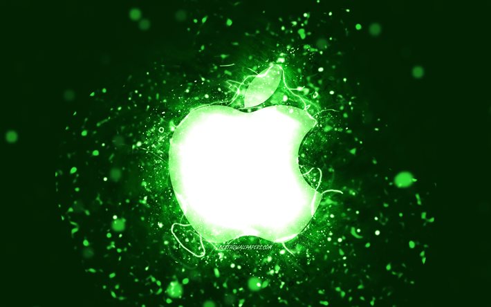 Logo verde Mela, 4k, luci al neon verdi, creativo, sfondo astratto verde, logo Apple, marchi, Apple