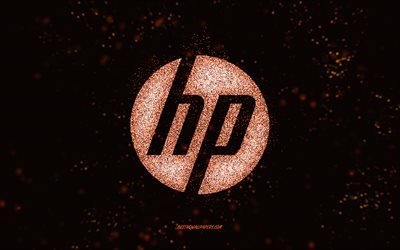 HP glitter logo, musta tausta, HP logo, oranssi glitter art, HP, luova taide, HP oranssi glitter logo, Hewlett-Packard logo