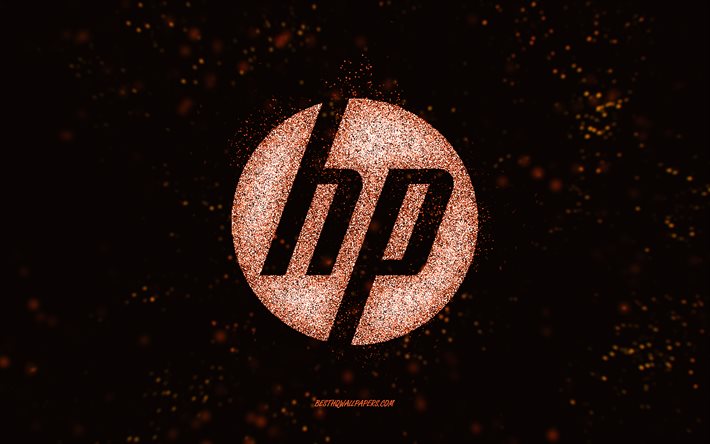 Logo paillet&#233; HP, fond noir, logo HP, art des paillettes orange, HP, art cr&#233;atif, logo hp orange paillettes, logo Hewlett-Packard