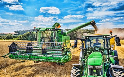4k, John Deere W330 Gen 2, John Deere 5125R Gen 2, combine harvester, 2021 combines, wheat harvest, harvesting concepts, agriculture concepts, John Deere