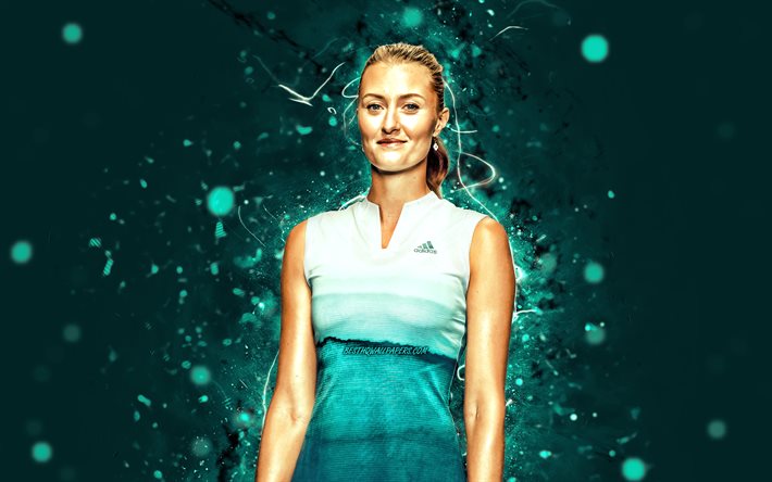Kristina Mladenovic, 4k, ranskalaiset tennispelaajat, WTA, siniset neonvalot, tennis, fanitaide, Kristina Mladenovic 4K
