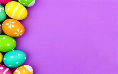 sfondo viola con uova di Pasqua, Pasqua, primavera, sfondo pastello, uova di Pasqua, texture di carta viola