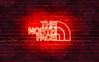 The North Face red logo, 4k, red brickwall, The North Face logo, brands, The North Face neon logo, The North Face