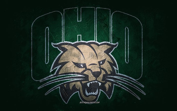 Ohio Bobcats, squadra di football americano, sfondo verde, Ohio Bobcats logo, grunge art, NCAA, football americano, Stati Uniti d&#39;America, Ohio Bobcats emblema