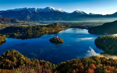 Bled, lake, island, Slovenia, mountains