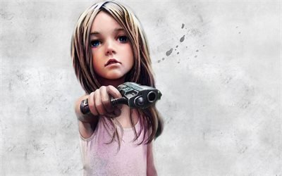 little girl, gun, blue eyes, art, creative