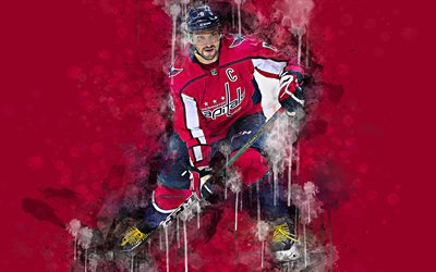 Alexander Ovechkin, 4k, Russian hockey player, art portrait, face, NHL, paint art, splashes of paint, Washington Capitals, Captain, USA, National Hockey League, Alex Ovechkin
