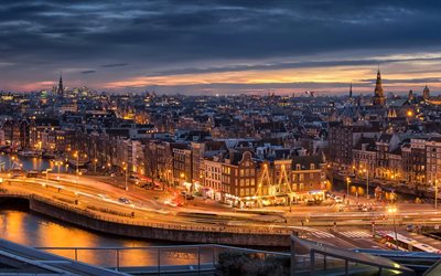 Amsterdam, pa&#237;ses Bajos, paisaje, horizonte, las luces de la ciudad, por la noche