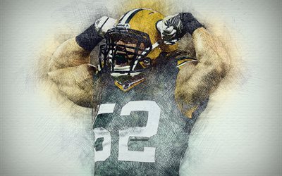 Clay Matthews III, 4k, sanat, Amerikan Futbolu, Green Bay Packers NFL linebacker Clay Matthews III &#231;izim