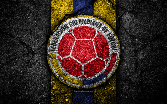 コロンビア国立サッカーチーム, 4k, エンブレム, グランジ, 北米, アスファルトの質感, サッカー, コロンビア, ロゴ, 南アメリカ国のチーム, 黒石, コロンビアのサッカーチーム