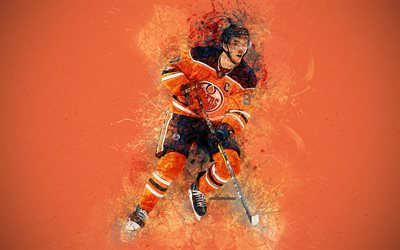 4k, Jogador de h&#243;quei canadense, a arte do retrato, rosto, NHL, a arte de pintura, salpicos de tinta, laranja grunge de fundo, Edmonton Oilers, EUA, Liga Nacional De H&#243;quei, h&#243;quei