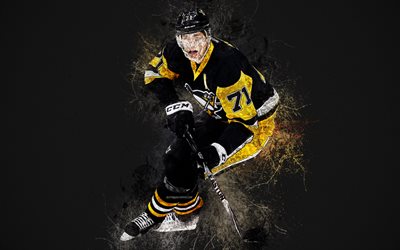 Evgeni Malkin, 4k, Russian hockey player, art portrait, face, grunge, NHL, paint art, splashes of paint, black grunge background, Pittsburgh Penguins, USA, National Hockey League, hockey