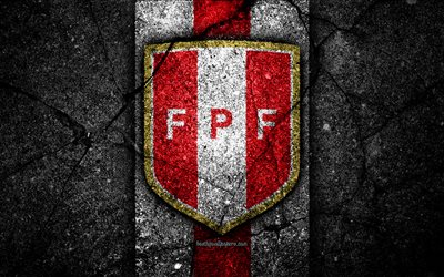 Peru futbol takımı, 4k, amblem, grunge, Kuzey Amerika, asfalt doku, futbol, Peru, logo, G&#252;ney Amerika milli takımları, siyah taş, Peru Milli Futbol Takımı