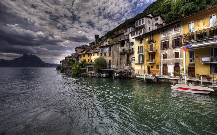 O Lago De Lugano, Gandria, lago de montanha, tempo nublado, paisagem de montanha, Alpes, Su&#237;&#231;a, HDR
