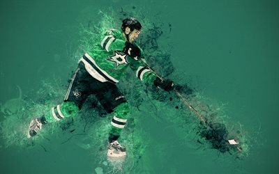 Jamie Benn, 4k, Canadian hockey player, art portrait, face, NHL, paint art, grunge, splashes of paint, green grunge background, Dallas Stars, USA, National Hockey League, hockey