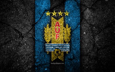 Uruguayan football team, 4k, emblem, grunge, North America, asphalt texture, soccer, Uruguay, logo, South American national teams, black stone, Uruguay national football team