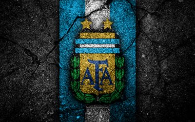 Argentiinan jalkapallo joukkue, 4k, tunnus, grunge, Pohjois-Amerikassa, asfaltti rakenne, jalkapallo, Argentiina, logo, Etel&#228;-Amerikan maajoukkueiden, musta kivi, Argentiinan jalkapallomaajoukkue