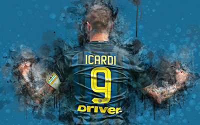 Mauro Icardi, 4k, grunge art, Argentinian footballer, Inter Milan, paint art, color splashes, Internazionale FC, Serie A, creative art, T-shirt, Italy