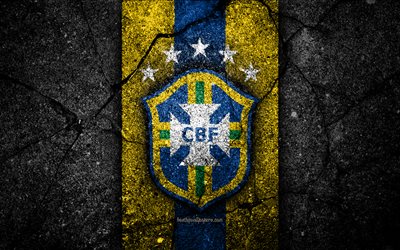 Brazilian football team, 4k, emblem, grunge, North America, asphalt texture, soccer, Brazil, logo, South American national teams, black stone, Brazil national football team