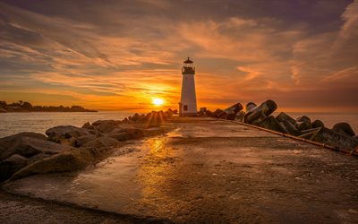 sunset, lighthouse, beautiful sun, seascape, coast, sea