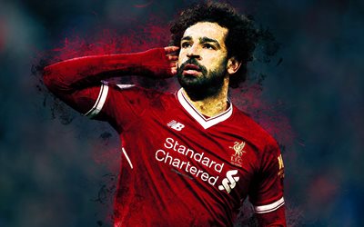 Mohamed Salah, 4k, luova grunge art, muotokuva, Liverpool FC, jalkapallo, kirkas linjat, roiskeet, paint taidetta, Egyptil&#228;inen jalkapalloilija, Premier League, Englanti