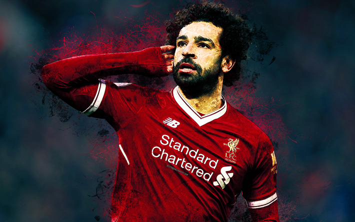 Mohamed Salah, 4k, kreativa grunge konst, portr&#228;tt, Liverpool FC, fotboll, ljusa linjer, st&#228;nk, m&#229;la konst, Egyptisk fotboll spelare, Premier League, England