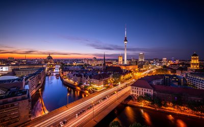 Berlin, 4k, panorama, nighscapes, Tour de T&#201;L&#201;VISION de Berlin, l&#39;Europe, l&#39;Allemagne