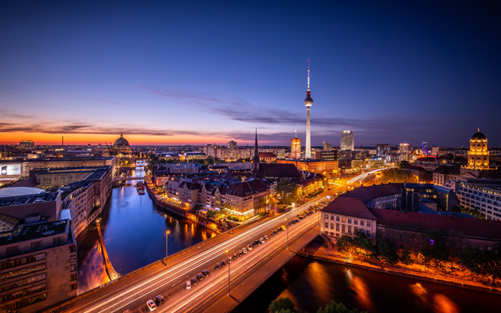 Berlin, 4k, panorama, nighscapes, Berlin TV Tower, Europe, Germany