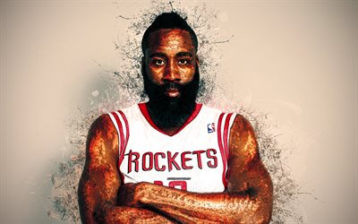 James Harden, 4k, grunge stil, Amerikansk basketspelare, portr&#228;tt, linjem&#246;nster, st&#228;nk av f&#228;rg, NBA, Houston Rockets, USA, basket, kreativ konst