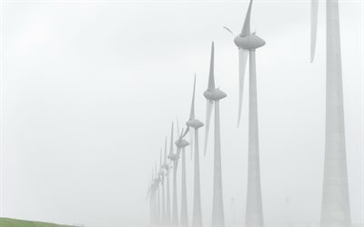 Wind power stations, fog, alternative energy sources, green energy, wind