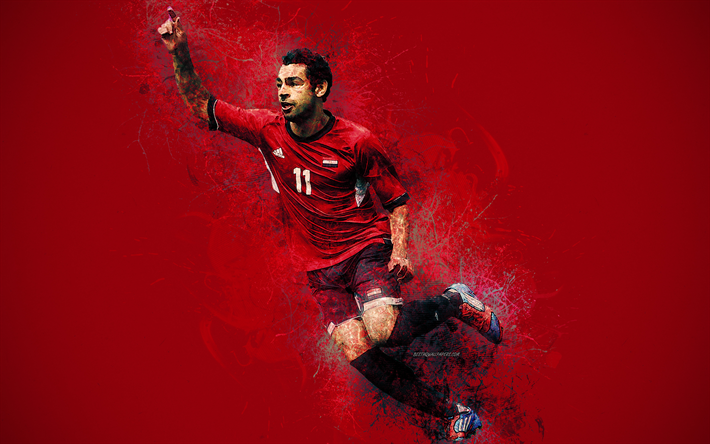 Mohamed Salah, 4k, Egito equipa nacional de futebol, o estilo grunge, fundo vermelho, a arte de pintura, salpicos, eg&#237;pcio jogador de futebol, para a frente, Egipto